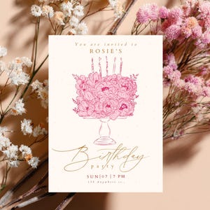 May include: A rectangular birthday invitation card on a cream background featuring a pink line-art illustration of a floral cake on a pedestal stand with five candles. Text reads: You are invited to ROSIE'S Birthday party SUN|07|7 PM 135 Anywhere st.