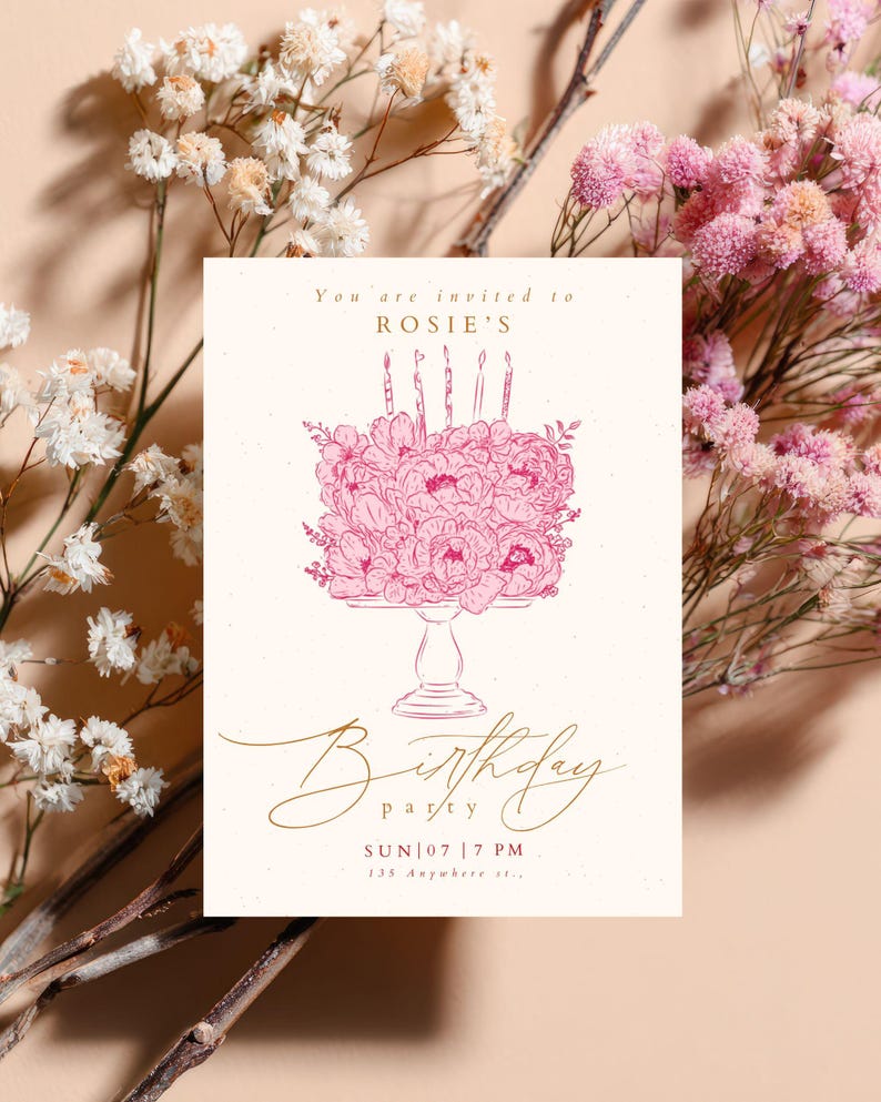 May include: A rectangular birthday invitation card on a cream background featuring a pink line-art illustration of a floral cake on a pedestal stand with five candles. Text reads: You are invited to ROSIE'S Birthday party SUN|07|7 PM 135 Anywhere st.