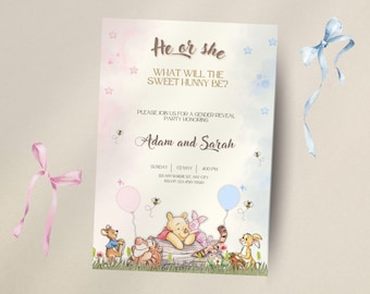 Winnie the Pooh Gender Reveal Invitation (Editable Canva Template)