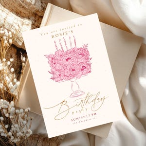 May include: A rectangular birthday party invitation card featuring a pink line-art illustration of a floral cake on a pedestal stand with four candles. The text reads: You are invited to ROSIE'S, Birthday party, SUN|07 | 7 PM, 135 Anywhere st.
