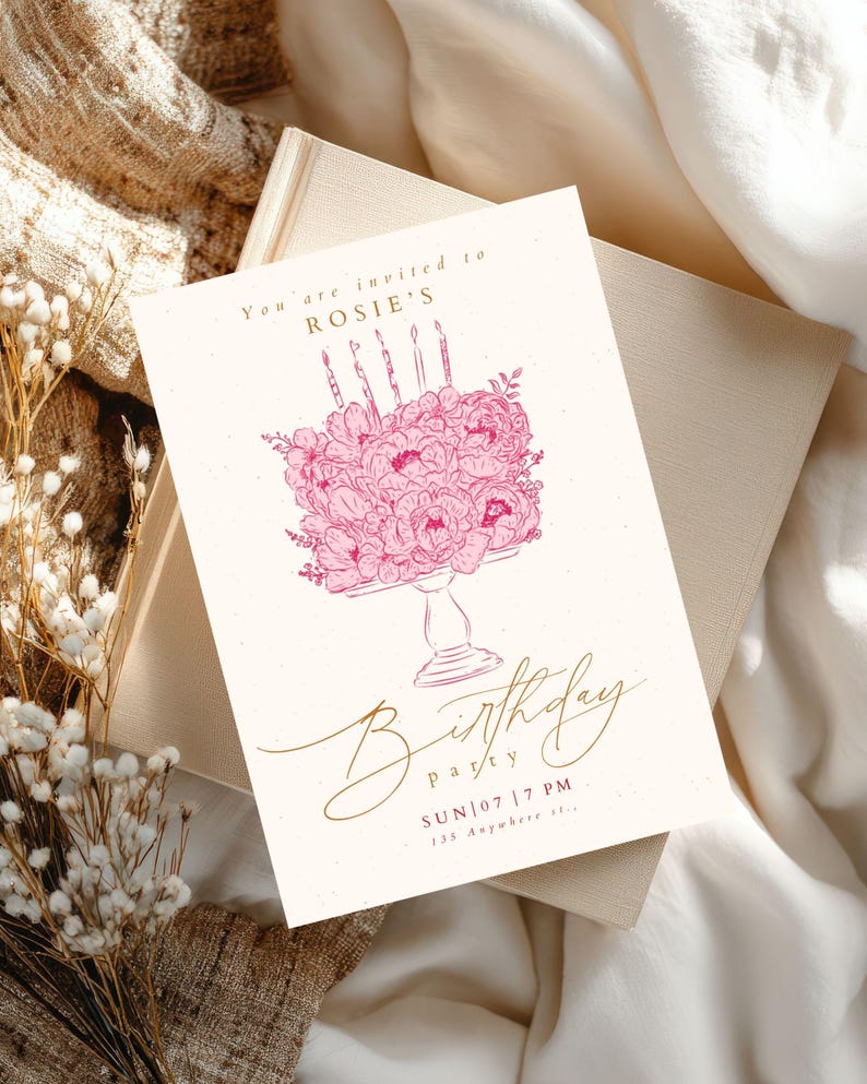 May include: A rectangular birthday party invitation card featuring a pink line-art illustration of a floral cake on a pedestal stand with four candles. The text reads: You are invited to ROSIE'S, Birthday party, SUN|07 | 7 PM, 135 Anywhere st.