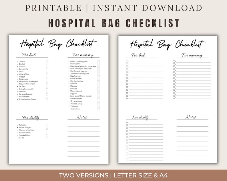 Hospital Bag Checklist, Birth Bag Checklist, Printable Hospital Bag ...