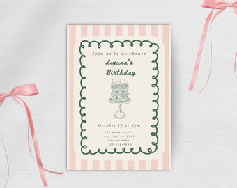 Invitación de cumpleaños vintage editable: Invitación de fiesta original dibujada a mano (Descarga digital)