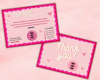 May include: Pink and magenta thank you cards with a wavy border and heart accents. The cards feature the text "Thank you" and "Thank you for your order". Includes space for a logo and social media handles.