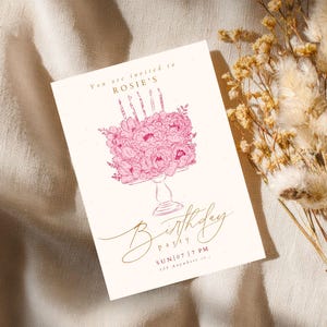 May include: A rectangular birthday party invitation card featuring a pink line-art illustration of a floral cake on a pedestal stand. The text reads: You are invited to ROSIE'S Birthday party SUN | 07 | 7 PM 123 Anywhere st.