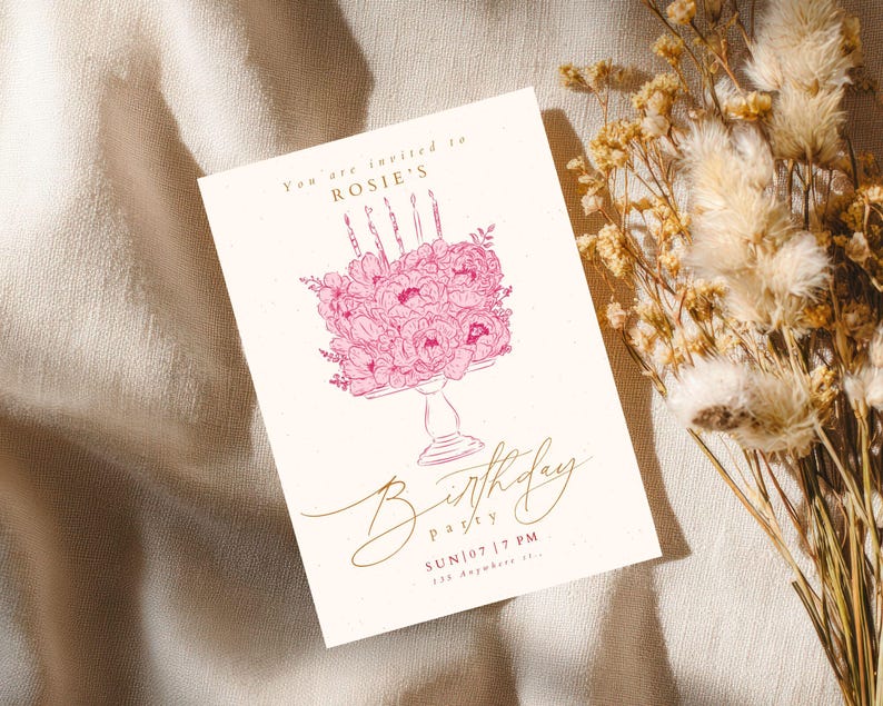 May include: A rectangular birthday party invitation card featuring a pink line-art illustration of a floral cake on a pedestal stand. The text reads: You are invited to ROSIE'S Birthday party SUN | 07 | 7 PM 123 Anywhere st.