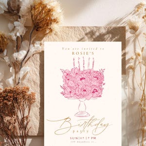 May include: A rectangular invitation card featuring a pink line-art illustration of a floral cake on a pedestal stand with candles. The text reads: You are invited to ROSIE'S Birthday party SUN 07 7 PM 135 Anywhere st. The design uses gold and pink ink.