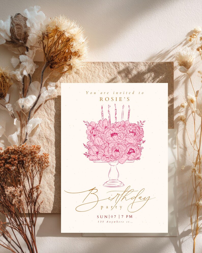 May include: A rectangular invitation card featuring a pink line-art illustration of a floral cake on a pedestal stand with candles. The text reads: You are invited to ROSIE'S Birthday party SUN 07 7 PM 135 Anywhere st. The design uses gold and pink ink.