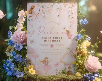 Invito per il primo compleanno di una fata - Invito per il primo compleanno di una fata - Invito per il primo compleanno di una fata nel giardino incantato - Invito per il primo compleanno di una fata L77