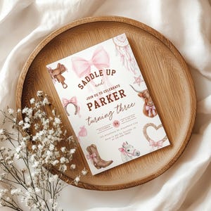 Rodeo Third Birthday Invitation Girl - Pink Cowgirl 3rd Birthday Party - Western Cowgirl Birthday Invite - Coquette Pink Bow Yee Haw L75 - Third Birthday Toddler Kids Invitation Nashville