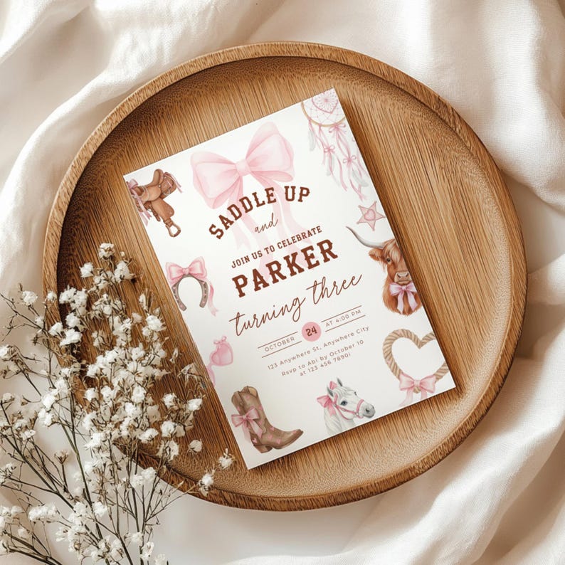 Rodeo Third Birthday Invitation Girl - Pink Cowgirl 3rd Birthday Party - Western Cowgirl Birthday Invite - Coquette Pink Bow Yee Haw L75 - Third Birthday Toddler Kids Invitation Nashville