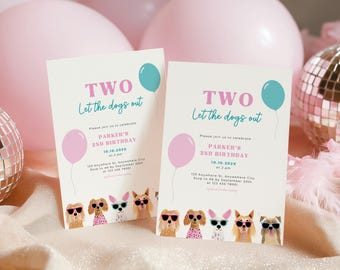 Two Let The Dogs Out Birthday Invitation - 2nd Birthday Invite - Let's Paw-ty Dog Birthday Invite - Puppy Invitation Second Birthday L35