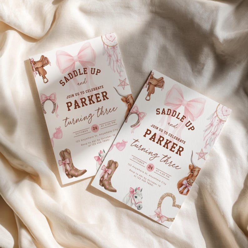 Rodeo Third Birthday Invitation Girl - Pink Cowgirl 3rd Birthday Party - Western Cowgirl Birthday Invite - Coquette Pink Bow Yee Haw L75 - Third Birthday Toddler Kids Invitation Nashville