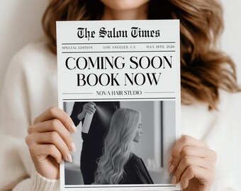 Business Newspaper Template - Editable Newspaper Hair Stylist - Coming Soon Announcement Newspaper - Custom for Esthetician Beauty Salon L63