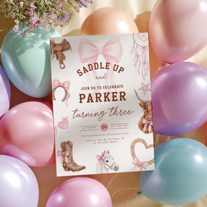 Rodeo Third Birthday Invitation Girl - Pink Cowgirl 3rd Birthday Party - Western Cowgirl Birthday Invite - Coquette Pink Bow Yee Haw L75 - Third Birthday Toddler Kids Invitation Nashville