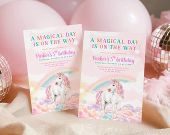 Unicorn Birthday Invitation - Rainbow Unicorn Fifth Birthday Invite - Editable 5th Birthday Invitation Girl - Magical Party Invite L83