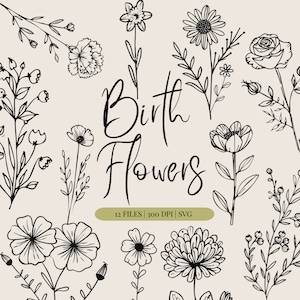 Mois de naissance fleur SVG, SVG de fleurs sauvages, bouquet de fleurs de naissance PNG Clipart, Svg Daisy, Rose Svg, Svg coquelicot, cadeau fête des mères, conception de tatouage