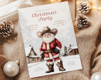 May include: A Christmas party invitation featuring a watercolor illustration of Santa Claus in a cowboy hat and boots. The invitation text reads "Christmas Party" and includes the date, time, and RSVP information. The background has a snowy winter scene.