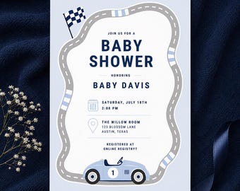 Racecar Baby Shower Invitation | Boy Racing Baby Shower Invite | Little Racer Party | Blue Editable Canva Template | Raceway Car Track L163