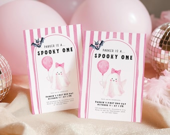 Invitación de Halloween "Spooky One" - Invitación editable para el primer cumpleaños de niña - Linda invitación rosa para Halloween "Spooky One" L41