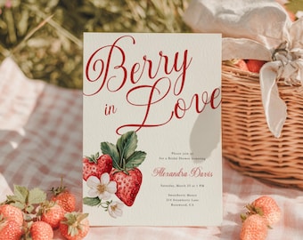 Berry in Love Bridal Shower Invite  - Strawberry Summer Wedding Shower Garden Party Invite - Editable Vintage Bridal Shower Invite L114