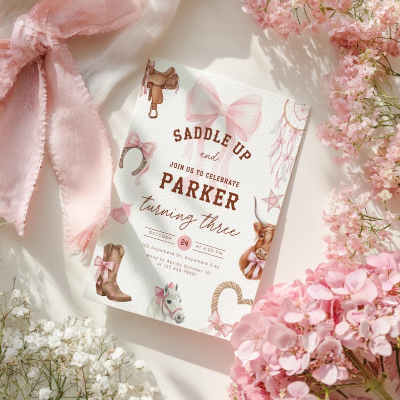 Rodeo Third Birthday Invitation Girl - Pink Cowgirl 3rd Birthday Party - Western Cowgirl Birthday Invite - Coquette Pink Bow Yee Haw L75 - Third Birthday Toddler Kids Invitation Nashville