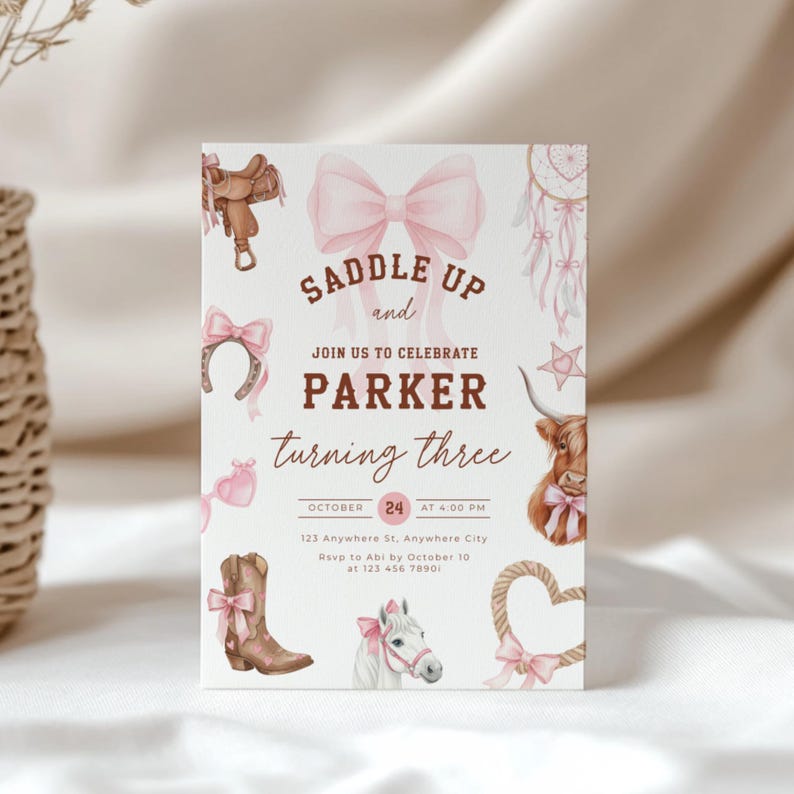 Rodeo Third Birthday Invitation Girl - Pink Cowgirl 3rd Birthday Party - Western Cowgirl Birthday Invite - Coquette Pink Bow Yee Haw L75 - Third Birthday Toddler Kids Invitation Nashville