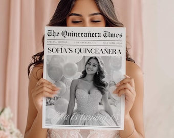 Quince Newspaper Template Save The Date - Editable Quinceañera Invitation Template Canva - Mis Quince Años Custom Sweet 15 Announcement L62