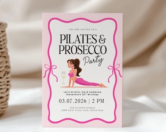 Invitación de Pilates - Invitación de cumpleaños de Pilates - Invitación de Pilates y Prosecco - Invitación digital rosa para fiesta de Pilates - Pilates Princess L45