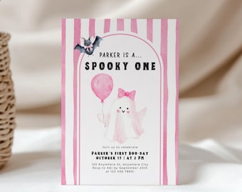 Invitación de Halloween para niña - Invitación de cumpleaños espeluznante - Invitación editable para primer cumpleaños - Fiesta de Halloween con fantasma rosa lindo L41