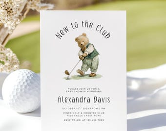 New To The Club Baby Shower Invitation - Golf Baby Shower Invitation Green Boy - Vintage Polo Bear Invite - Little Putter Is On The Way L76