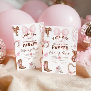 Rodeo Third Birthday Invitation Girl - Pink Cowgirl 3rd Birthday Party - Western Cowgirl Birthday Invite - Coquette Pink Bow Yee Haw L75 - Third Birthday Toddler Kids Invitation Nashville