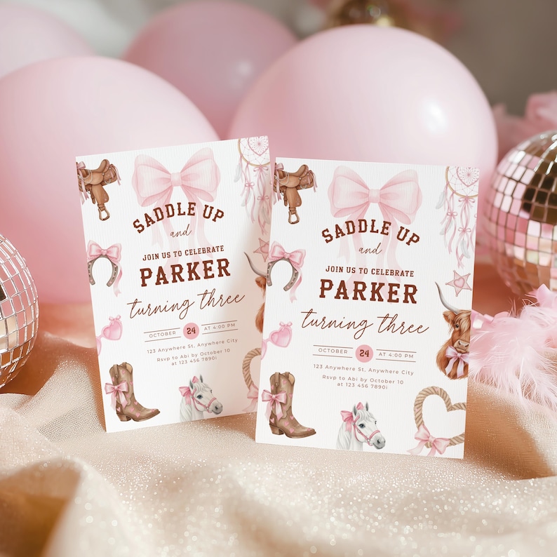 Rodeo Third Birthday Invitation Girl - Pink Cowgirl 3rd Birthday Party - Western Cowgirl Birthday Invite - Coquette Pink Bow Yee Haw L75 - Third Birthday Toddler Kids Invitation Nashville