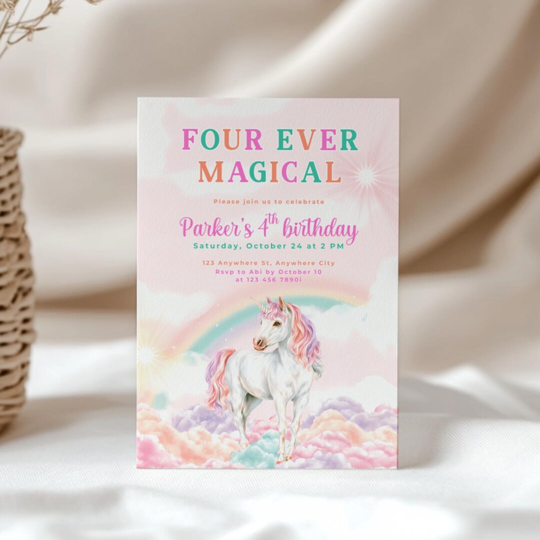 Unicorn 4th Birthday Invitation - Four Ever Magical Invitation - Girl ...