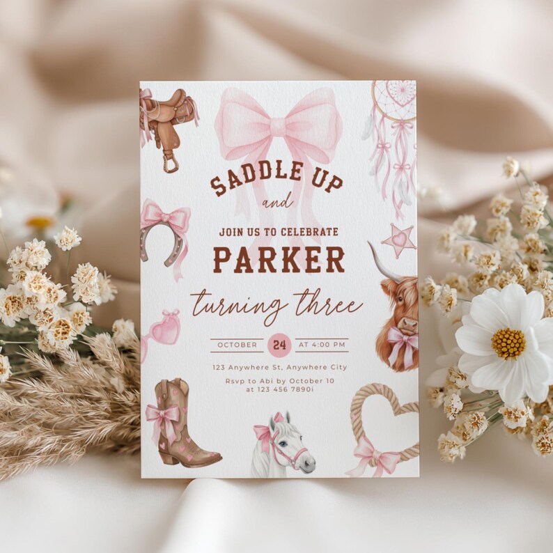 Rodeo Third Birthday Invitation Girl - Pink Cowgirl 3rd Birthday Party - Western Cowgirl Birthday Invite - Coquette Pink Bow Yee Haw L75 - Third Birthday Toddler Kids Invitation Nashville