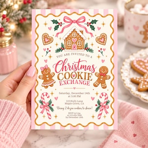 Pode incluir: Um cartão de convite retangular para troca de biscoitos de Natal com uma borda festonada estilo pão de mel e bordas listradas em rosa. O design apresenta uma casa de pão de mel, dois bonecos de pão de mel, bengalas doces e azevinho.
