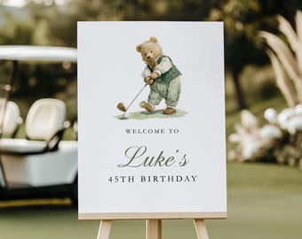 Golf Birthday Welcome Sign, Editable Golf Par-Tee Sports Bear Decor , Hole-in-One Golf Party Decor, Editable Template Men Baby L17