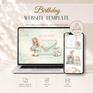 Peut inclure: Un modèle de site web d'anniversaire affiché sur un écran d'ordinateur portable et de smartphone. Le design présente une fée assise sur un champignon à côté d'une enveloppe scellée, avec des tons pastel, des motifs floraux et le texte Birthday Website Template.