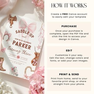 Rodeo Third Birthday Invitation Girl - Pink Cowgirl 3rd Birthday Party - Western Cowgirl Birthday Invite - Coquette Pink Bow Yee Haw L75 - Third Birthday Toddler Kids Invitation Nashville