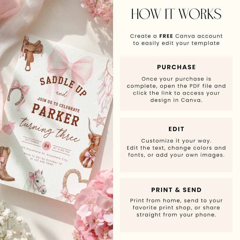 Rodeo Third Birthday Invitation Girl - Pink Cowgirl 3rd Birthday Party - Western Cowgirl Birthday Invite - Coquette Pink Bow Yee Haw L75 - Third Birthday Toddler Kids Invitation Nashville