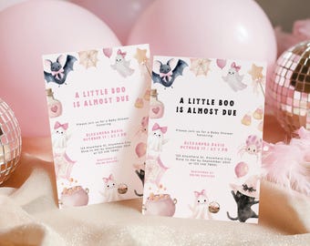 A Little Boo is Almost Due Baby Shower Invitation, Editable Girl Pink Halloween Baby Shower Invite, Cute Ghost Digital Download Template L43