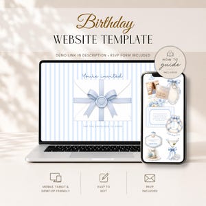 May include: A birthday website template displayed on a laptop and smartphone screen. The design features light blue stripes, an envelope with a bow and shell wax seal, and text reading Birthday Website Template, You're invited, and Tap the envelope to open.
