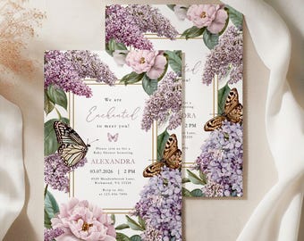 May include: Two baby shower invitations with floral and butterfly designs. The invitations feature lilac and pink flowers, butterflies, and gold frames. Text includes "We are Enchanted to meet you!" and event details.