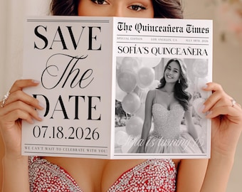 Quince Newspaper Template Save The Date - Editable Quinceañera Invitation Template Canva - Mis Quince Años Custom Sweet 15 Announcement L62