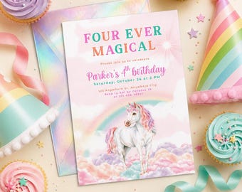 Unicorn 4th Birthday Invitation - Four Ever Magical Invitation - Girl Pastel Rainbow Unicorn Invitation - Editable Magical Party Invite L83