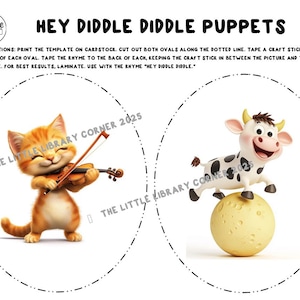 hey diddle diddle, the cat and the fiddle,hey diddle diddle stick puppets, hey diddle diddle puppets, nursery rhyme puppets, storytime puppets, storytime props, puppet show, library storytime, nursery rhymes, printable puppets, digital puppets, preschool storytime, kindergarten storytime, toddler storytime