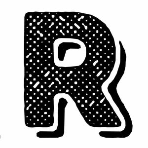 May include: Black and white illustration of the letter "R" with a dotted texture. The letter has a unique, stylized design with a curved tail and a cutout in the center. The Little Library Corner logo is in the bottom left corner.