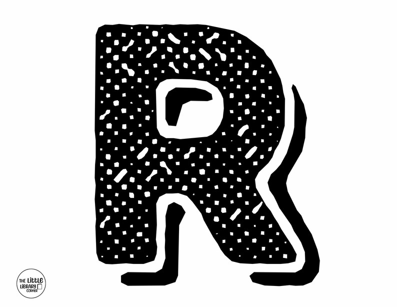 May include: Black and white illustration of the letter "R" with a dotted texture. The letter has a unique, stylized design with a curved tail and a cutout in the center. The Little Library Corner logo is in the bottom left corner.