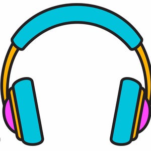 May include: A cartoon illustration of headphones. The headphones have a bright blue headband and earcups, with yellow and black accents. The earcups also feature pink details. The Little Library Corner logo is in the bottom left corner.