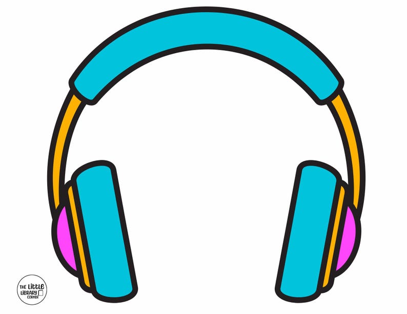 May include: A cartoon illustration of headphones. The headphones have a bright blue headband and earcups, with yellow and black accents. The earcups also feature pink details. The Little Library Corner logo is in the bottom left corner.